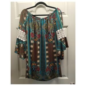 Win Win Women's Size L-XL Boho Multicolor Crochet Pinwheel Sleeve Tunic Top